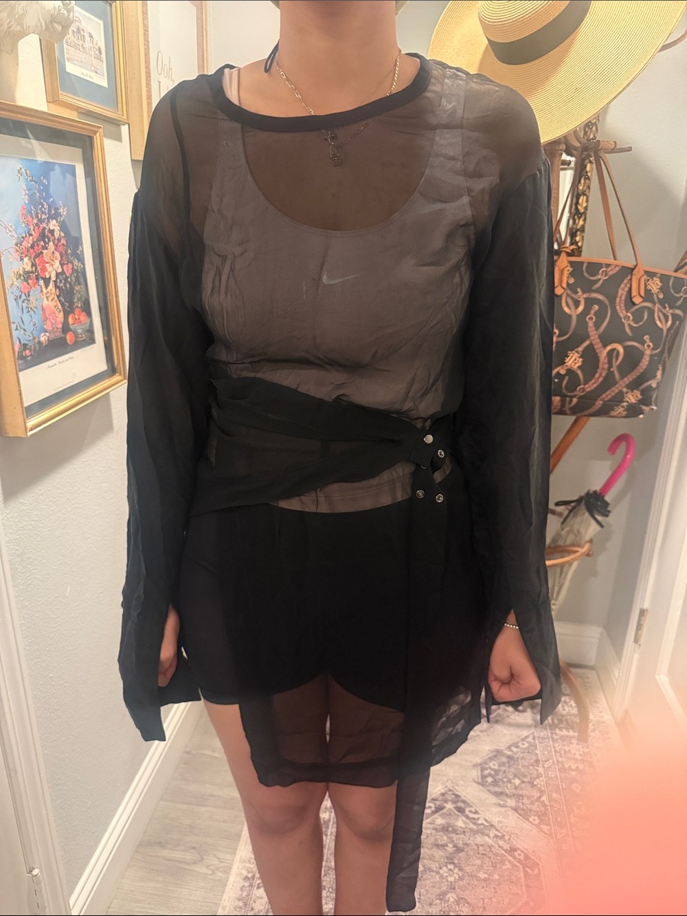 100% Silk Black Sheer Layered Long-Sleeve Dress